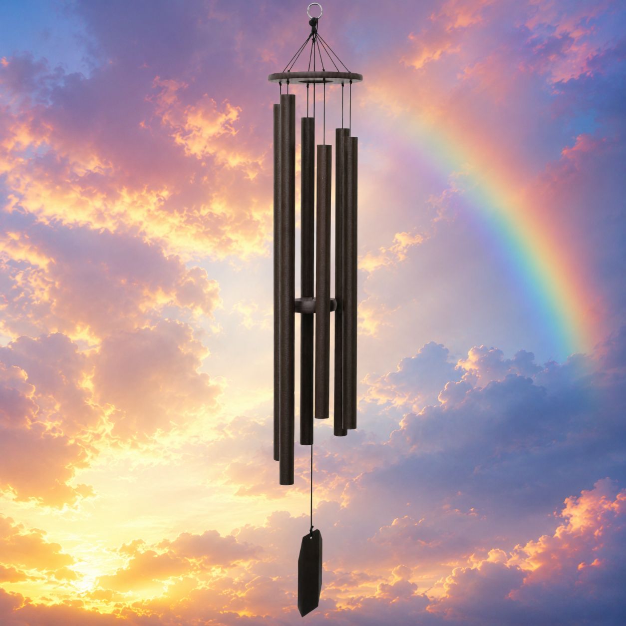 Harmonica 53-inch Biblical Bells wind chime against rainbow sunset sky #53" - Harmonica