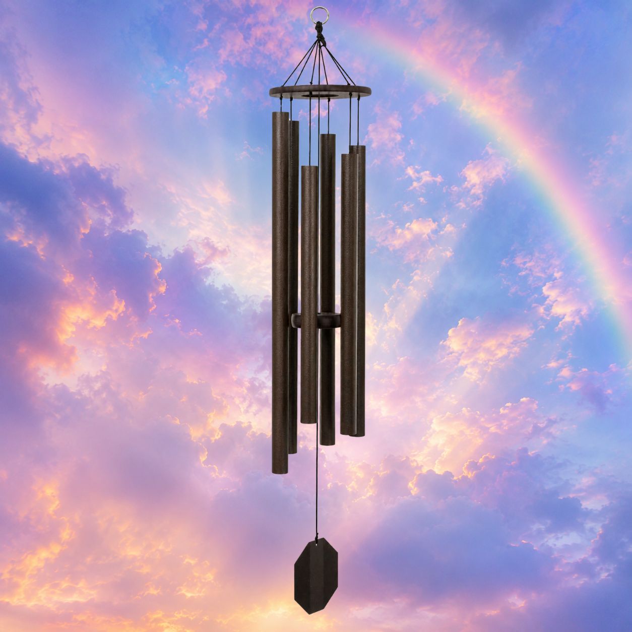 Victory Bells of Jericho 44-inch Biblical Bells wind chime against rainbow sunset sky #44" - Victory Bells of Jericho