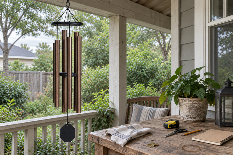 Illustrated preparation scene: bronze wind chime beside a worktable with a towel, tape measure, scissors and notebook.