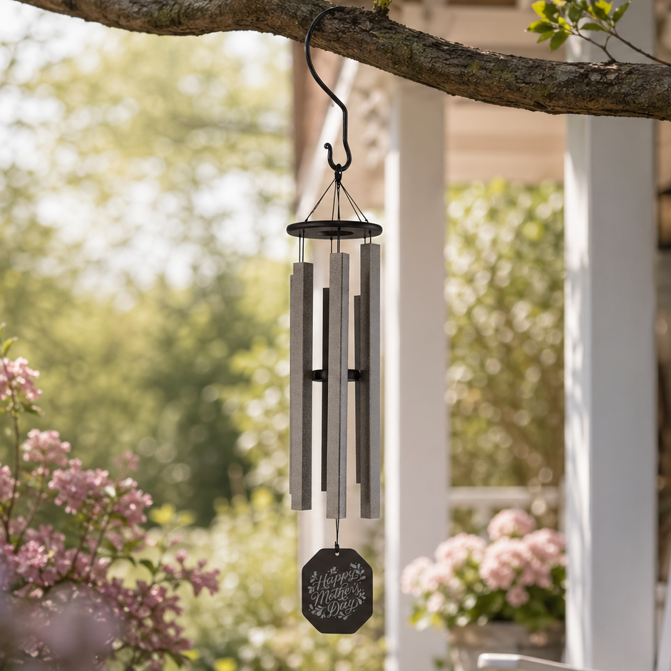 Wind chime hanging from a tree branch on a porch with flowers and a chair in the background. Happy Mother's Day custom engraving on wind sail.