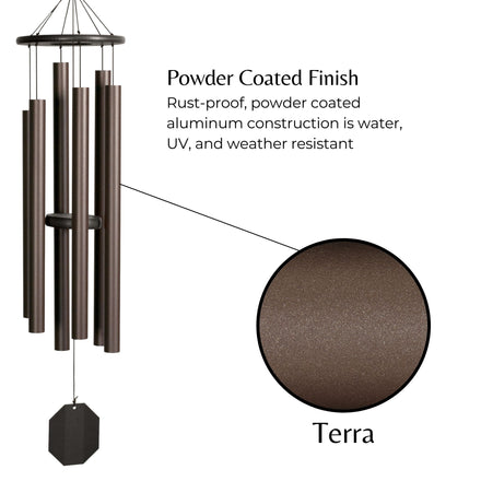 Detail shot of the Terra powder-coated finish on a handcrafted wind chime, highlighting its weather-resistant, rust-proof aluminum construction.