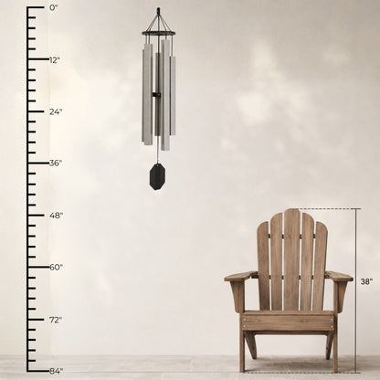 Lambright Country Chimes Alpine Whisper 43-inch Amish handcrafted wind chime shown with height ruler and Adirondack chair for scale #43" - Alpine Whisper