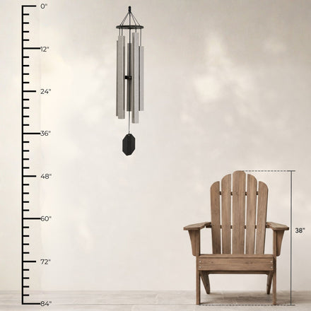 Lambright Country Chimes Alpine Whisper 43-inch Amish handcrafted wind chime shown with height ruler and Adirondack chair for scale #43" - Alpine Whisper