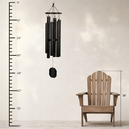Lambright Country Chimes Aqua Tune 51-inch Amish handcrafted wind chime shown with height ruler and Adirondack chair for scale #51" - Aqua Tune