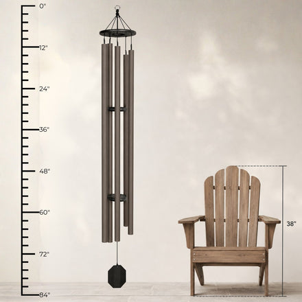 Lambright Country Chimes Big Ben 82-inch Amish handcrafted wind chime shown with height ruler and Adirondack chair for scale #82" - Big Ben