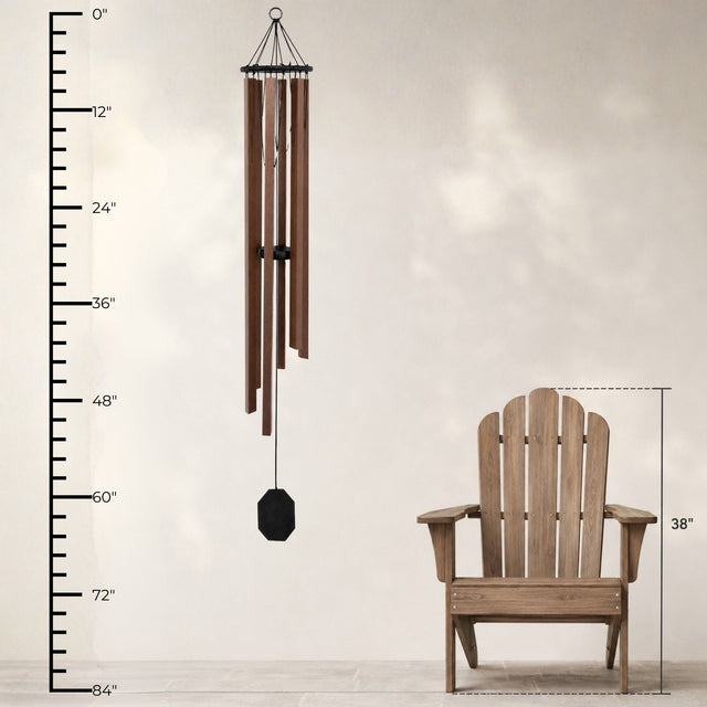 Lambright Country Chimes Church Bell 65-inch Amish handcrafted wind chime shown with height ruler and Adirondack chair for scale #65" - Church Bell