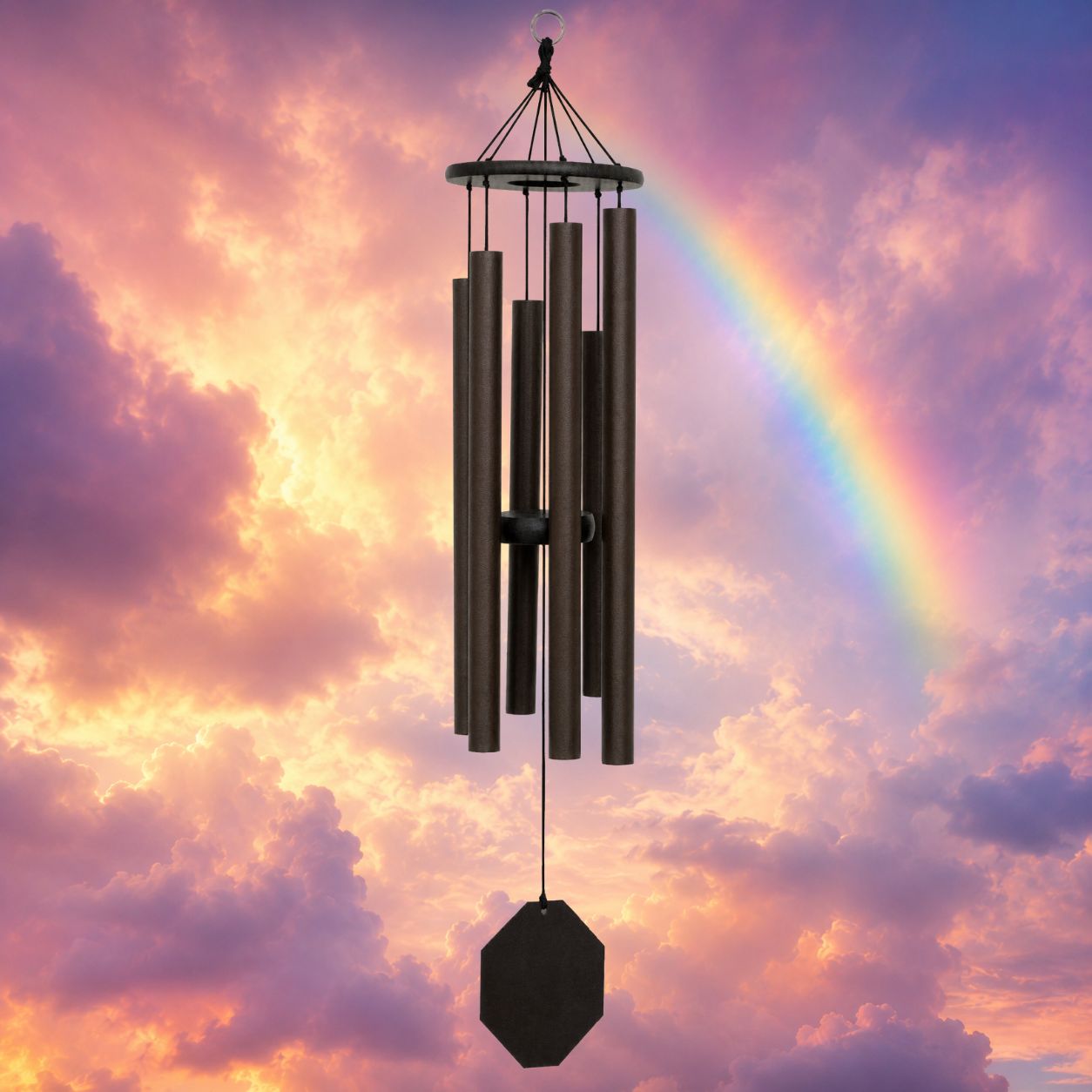 Song of Solomon 39-inch Biblical Bells wind chime against rainbow sunset sky #39" - Song of Solomon