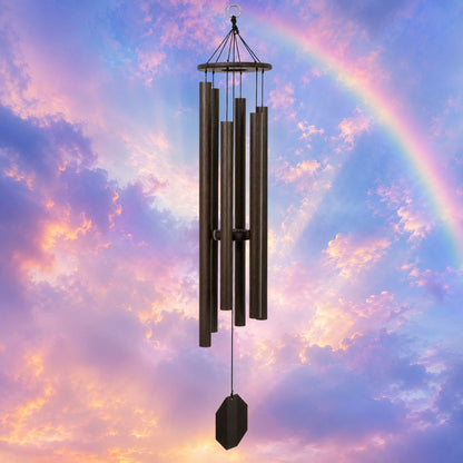 Victory Bells of Jericho 44-inch Biblical Bells wind chime against rainbow sunset sky #44" - Victory Bells of Jericho