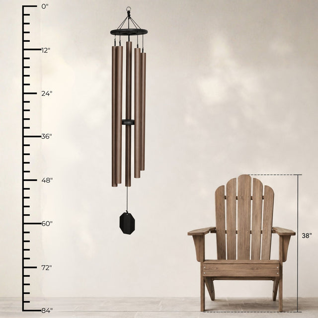 Size-reference illustration of the 62-inch Court Haus beside a chair and ruler