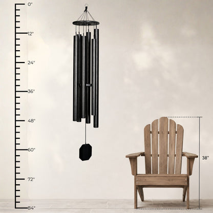 Lambright Country Chimes Dream Maker 64-inch Amish handcrafted wind chime shown with height ruler and Adirondack chair for scale #64" - Dream Maker