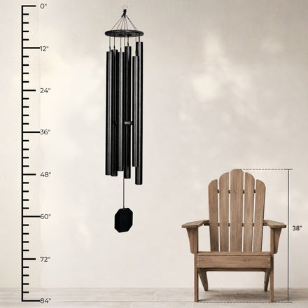 Lambright Country Chimes Dream Maker 64-inch Amish handcrafted wind chime shown with height ruler and Adirondack chair for scale #64" - Dream Maker