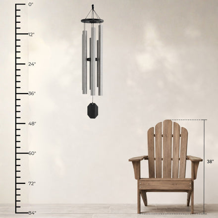 Lambright Country Chimes Dutch Bell 46-inch Amish handcrafted wind chime shown with height ruler and Adirondack chair for scale #46" - Dutch Bell