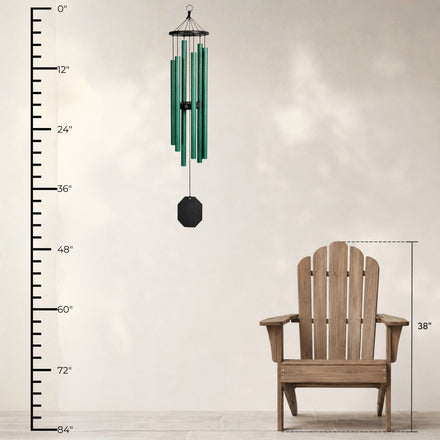 Lambright Country Chimes Forest Edge 44-inch Amish handcrafted wind chime shown with height ruler and Adirondack chair for scale #44" - Forest Edge