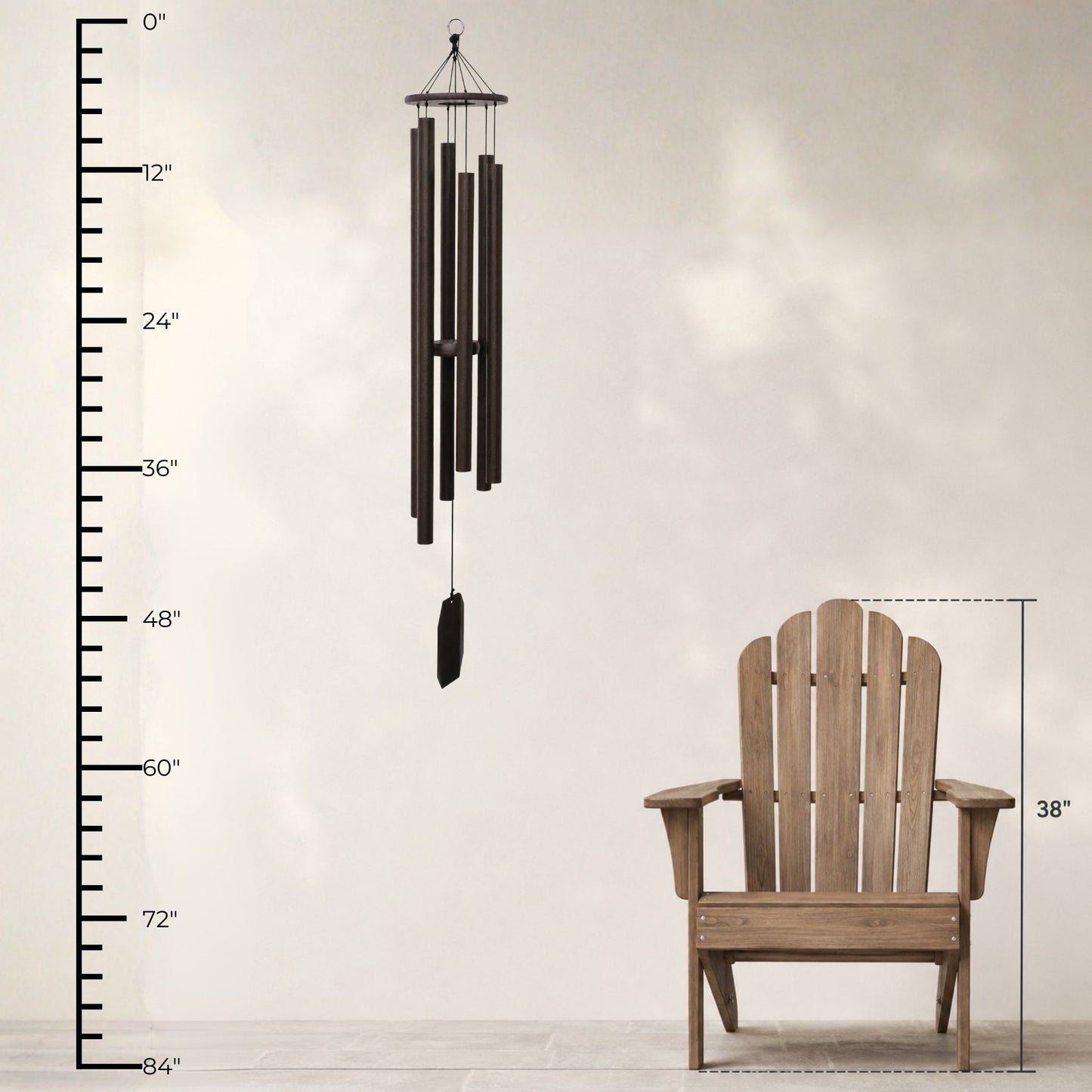Lambright Country Chimes Harmonica 53-inch Amish handcrafted wind chime shown with height ruler and Adirondack chair for scale #53" - Harmonica