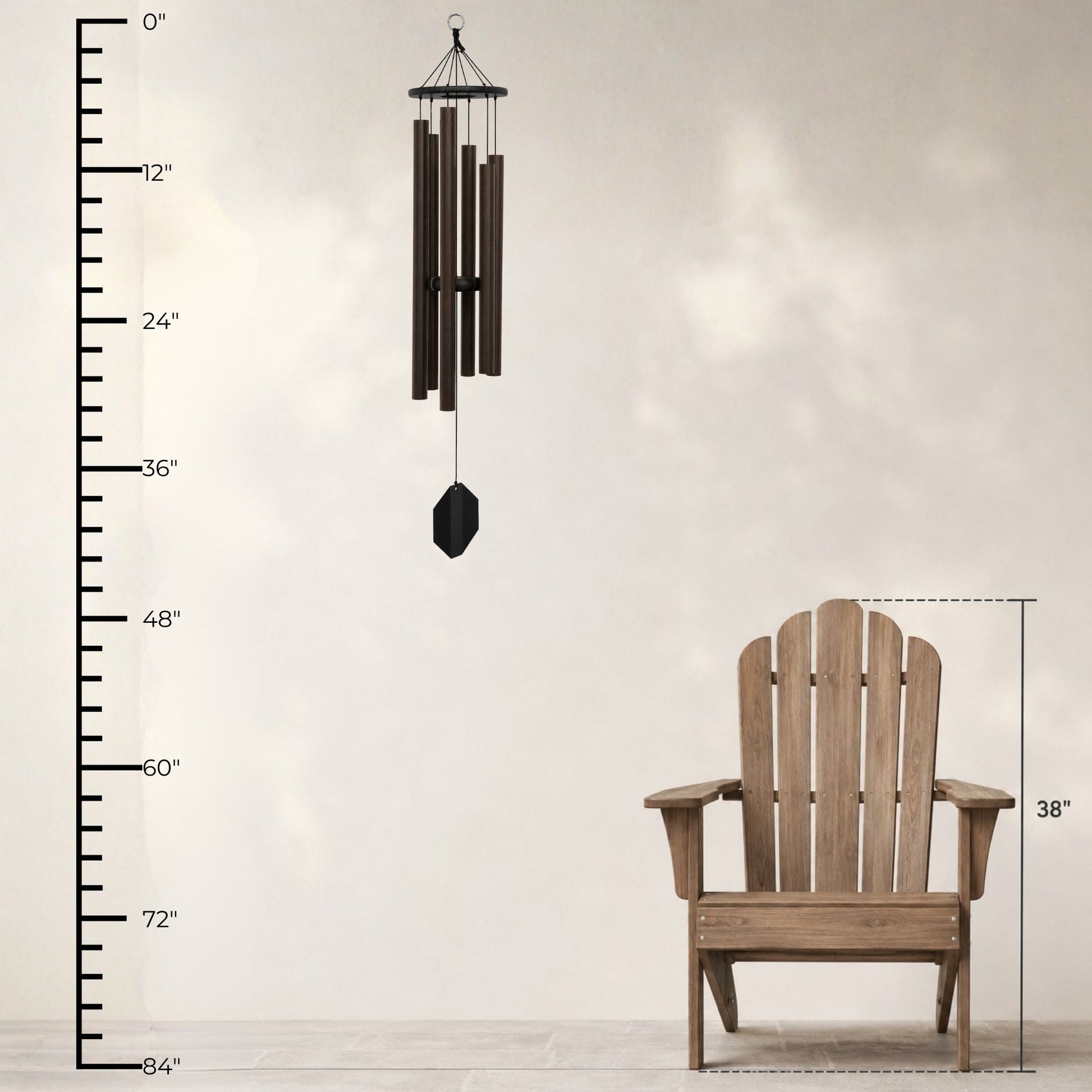 Lambright Country Chimes King David's Harp 41-inch Amish handcrafted wind chime shown with height ruler and Adirondack chair for scale #41" - King David's Harp