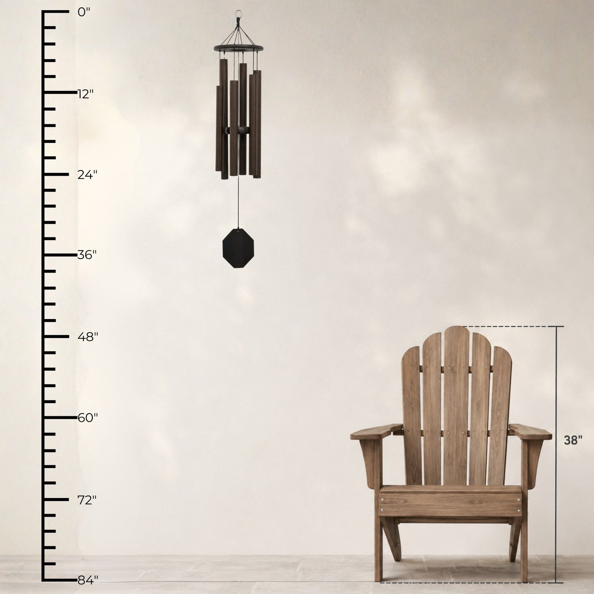Lambright Country Chimes Melody of the Heart 37-inch Amish handcrafted wind chime shown with height ruler and Adirondack chair for scale #37" - Melody of the Heart