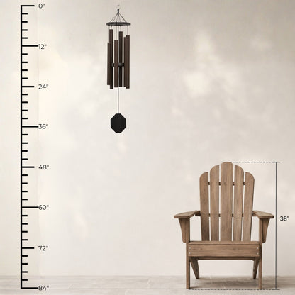 Lambright Country Chimes Melody of the Heart 37-inch Amish handcrafted wind chime shown with height ruler and Adirondack chair for scale #37" - Melody of the Heart