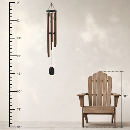 Lambright Country Chimes Mountain Serenade 48-inch Amish handcrafted wind chime shown with height ruler and Adirondack chair for scale #48" - Mountain Serenade