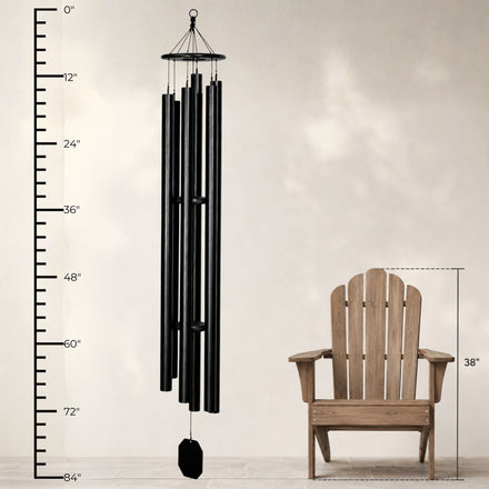 Lambright Country Chimes Music of the Universe 84-inch Amish handcrafted wind chime shown with height ruler and Adirondack chair for scale #84" - Music of the Universe