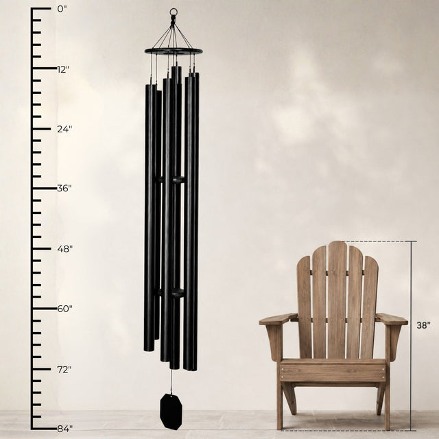 Lambright Country Chimes Music of the Universe 84-inch Amish handcrafted wind chime shown with height ruler and Adirondack chair for scale #84" - Music of the Universe