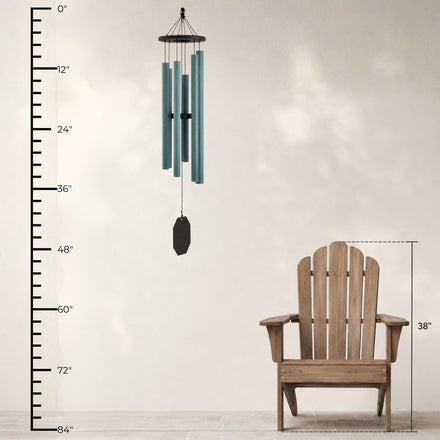 Lambright Country Chimes Serenity 48-inch Amish handcrafted wind chime shown with height ruler and Adirondack chair for scale #48" - Serenity