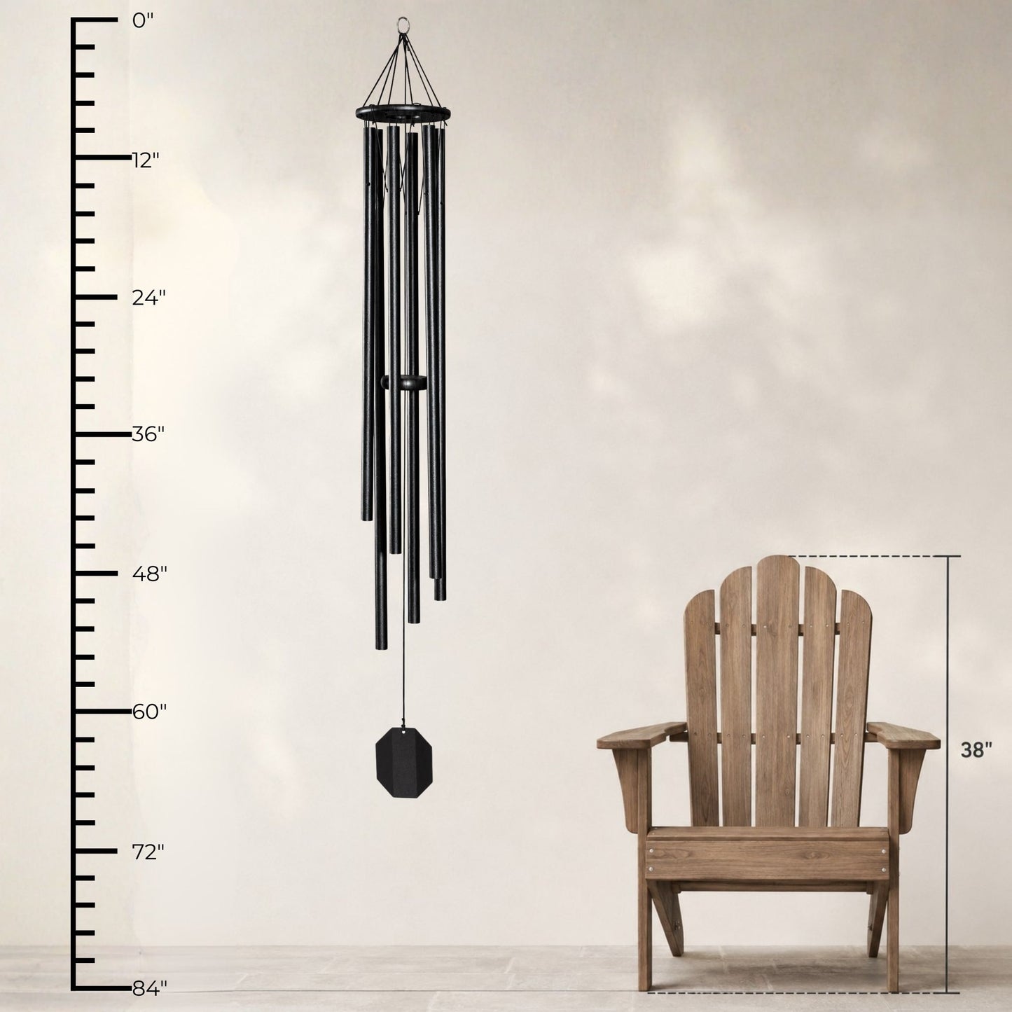 Lambright Country Chimes Sierra Springs 66-inch Amish handcrafted wind chime shown with height ruler and Adirondack chair for scale #66" - Sierra Springs