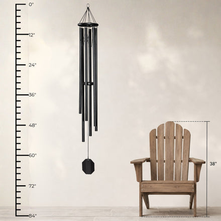 Lambright Country Chimes Sierra Springs 66-inch Amish handcrafted wind chime shown with height ruler and Adirondack chair for scale #66" - Sierra Springs