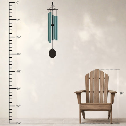 Lambright Country Chimes Solar Singer 38-inch Amish handcrafted wind chime shown with height ruler and Adirondack chair for scale #38" - Solar Singer