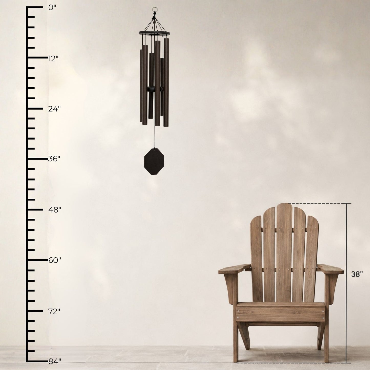 Lambright Country Chimes Song of Solomon 39-inch Amish handcrafted wind chime shown with height ruler and Adirondack chair for scale #39" - Song of Solomon