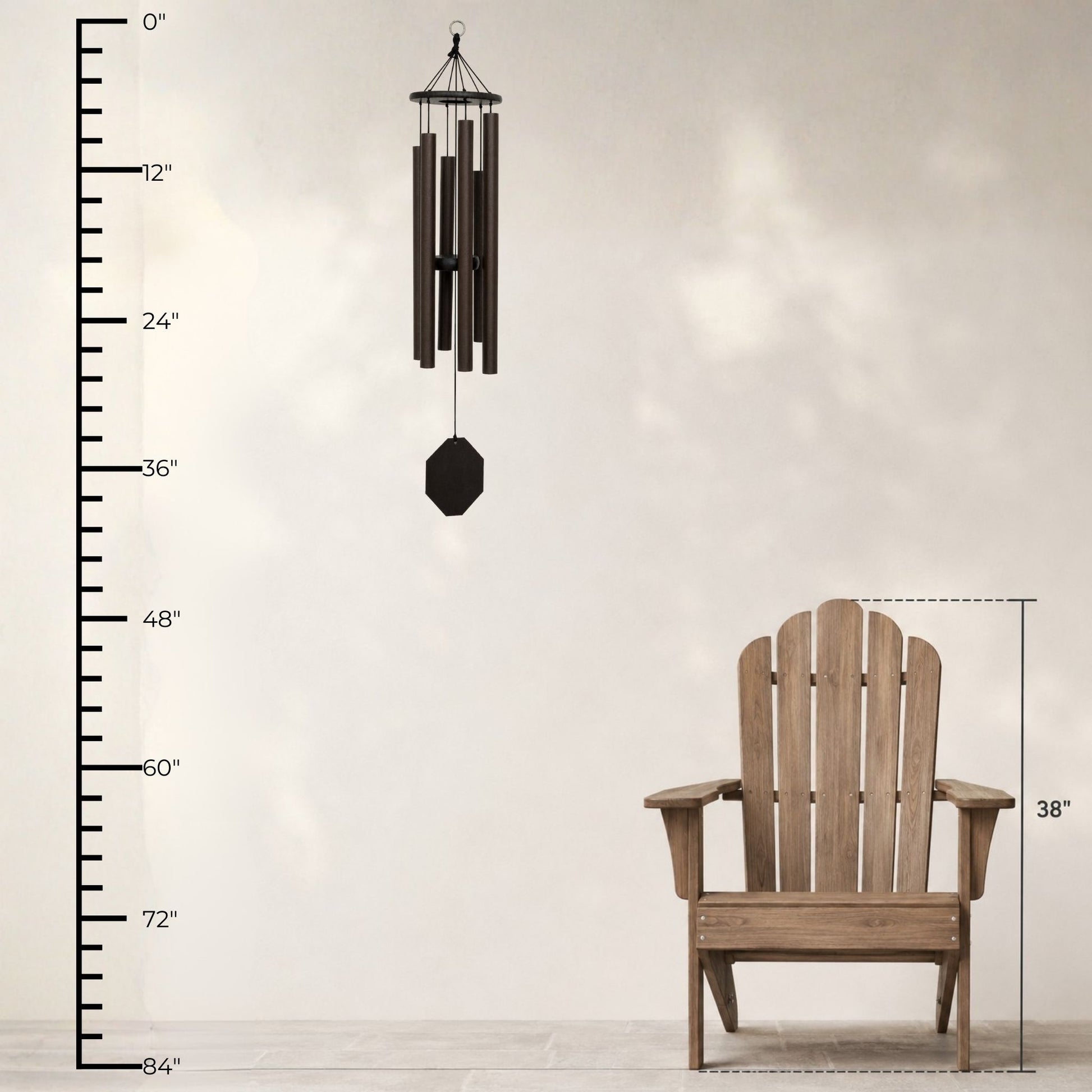 Lambright Country Chimes Song of Solomon 39-inch Amish handcrafted wind chime shown with height ruler and Adirondack chair for scale #39" - Song of Solomon