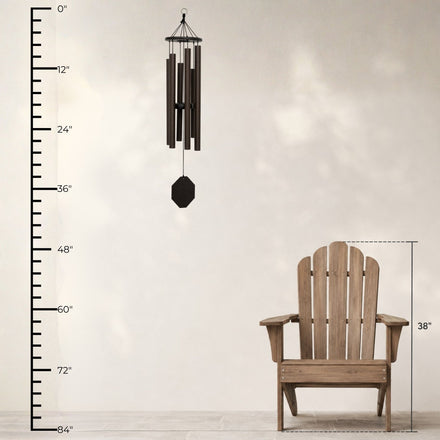 Lambright Country Chimes Song of Solomon 39-inch Amish handcrafted wind chime shown with height ruler and Adirondack chair for scale #39" - Song of Solomon