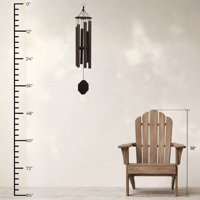 Lambright Country Chimes Song of Solomon 39-inch Amish handcrafted wind chime shown with height ruler and Adirondack chair for scale #39" - Song of Solomon