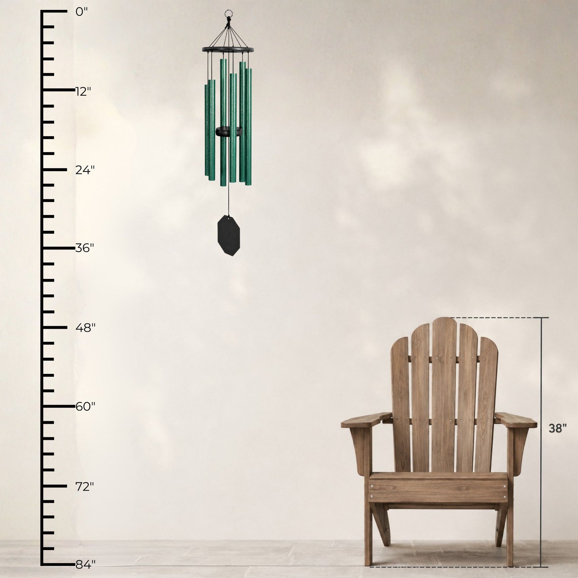 Lambright Country Chimes Songbird 36-inch Amish handcrafted wind chime shown with height ruler and Adirondack chair for scale #36" - Songbird