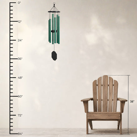 Lambright Country Chimes Songbird 36-inch Amish handcrafted wind chime shown with height ruler and Adirondack chair for scale #36" - Songbird