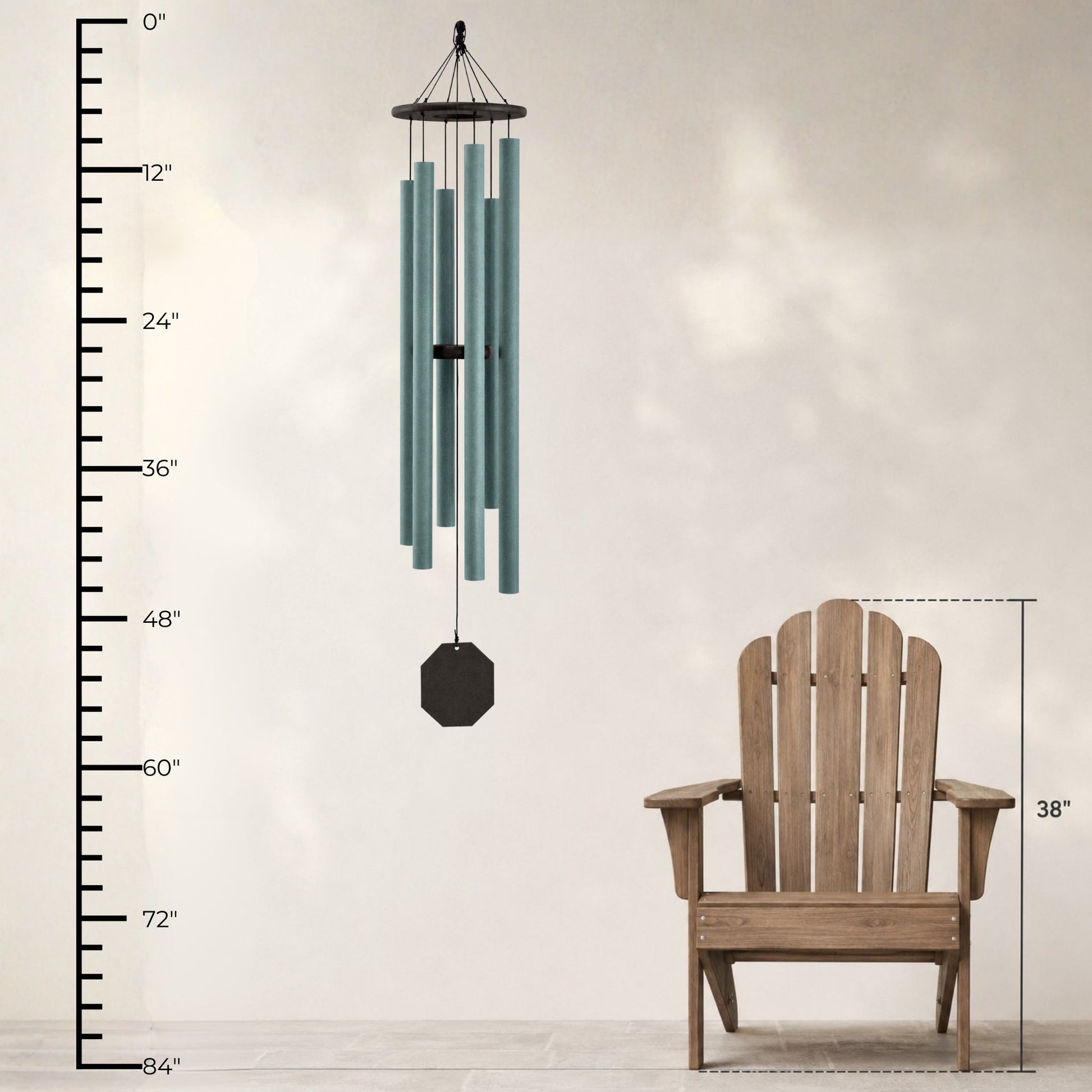 Lambright Country Chimes Sonic Sound Waves 56-inch Amish handcrafted wind chime shown with height ruler and Adirondack chair for scale #56" - Sonic Sound Waves
