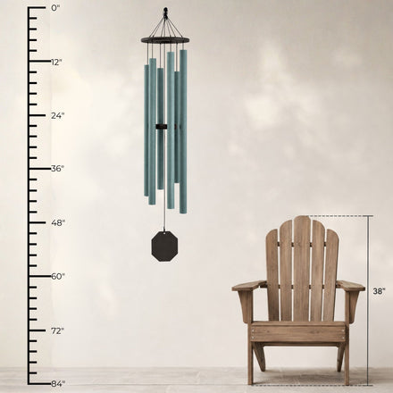 Lambright Country Chimes Sonic Sound Waves 56-inch Amish handcrafted wind chime shown with height ruler and Adirondack chair for scale #56" - Sonic Sound Waves