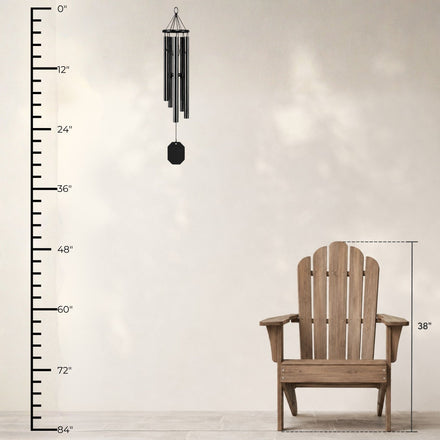 Lambright Country Chimes Sparkling Brook 30-inch Amish handcrafted wind chime shown with height ruler and Adirondack chair for scale #30" - Sparkling Brook