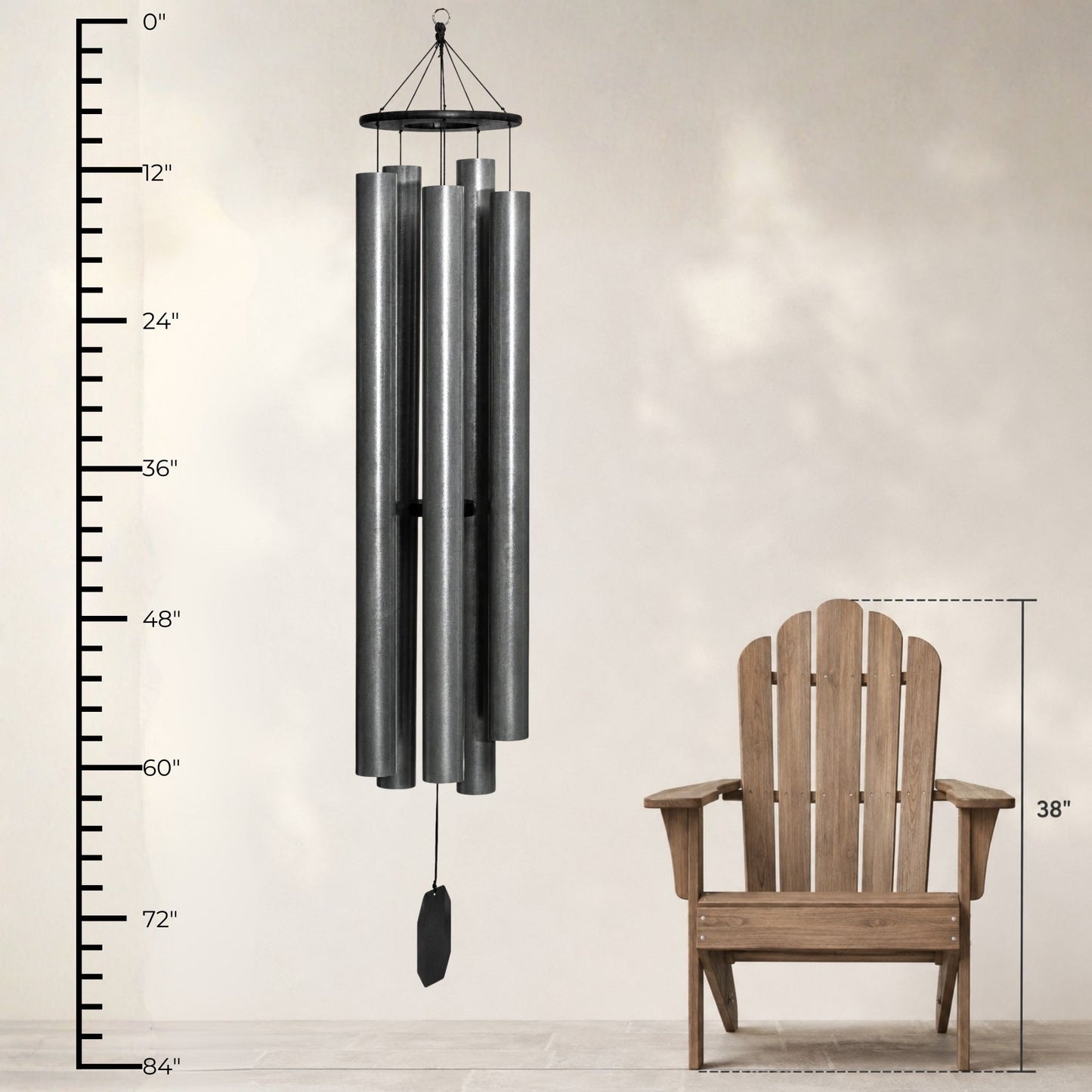 Lambright Country Chimes Spirit of Maroon Bells 75-inch Amish handcrafted wind chime shown with height ruler and Adirondack chair for scale #75" - Spirit of Maroon Bells