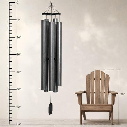 Lambright Country Chimes Spirit of Maroon Bells 75-inch Amish handcrafted wind chime shown with height ruler and Adirondack chair for scale #75" - Spirit of Maroon Bells