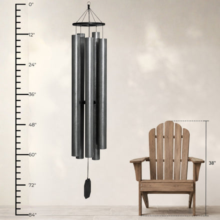 Lambright Country Chimes Spirit of Maroon Bells 75-inch Amish handcrafted wind chime shown with height ruler and Adirondack chair for scale #75" - Spirit of Maroon Bells