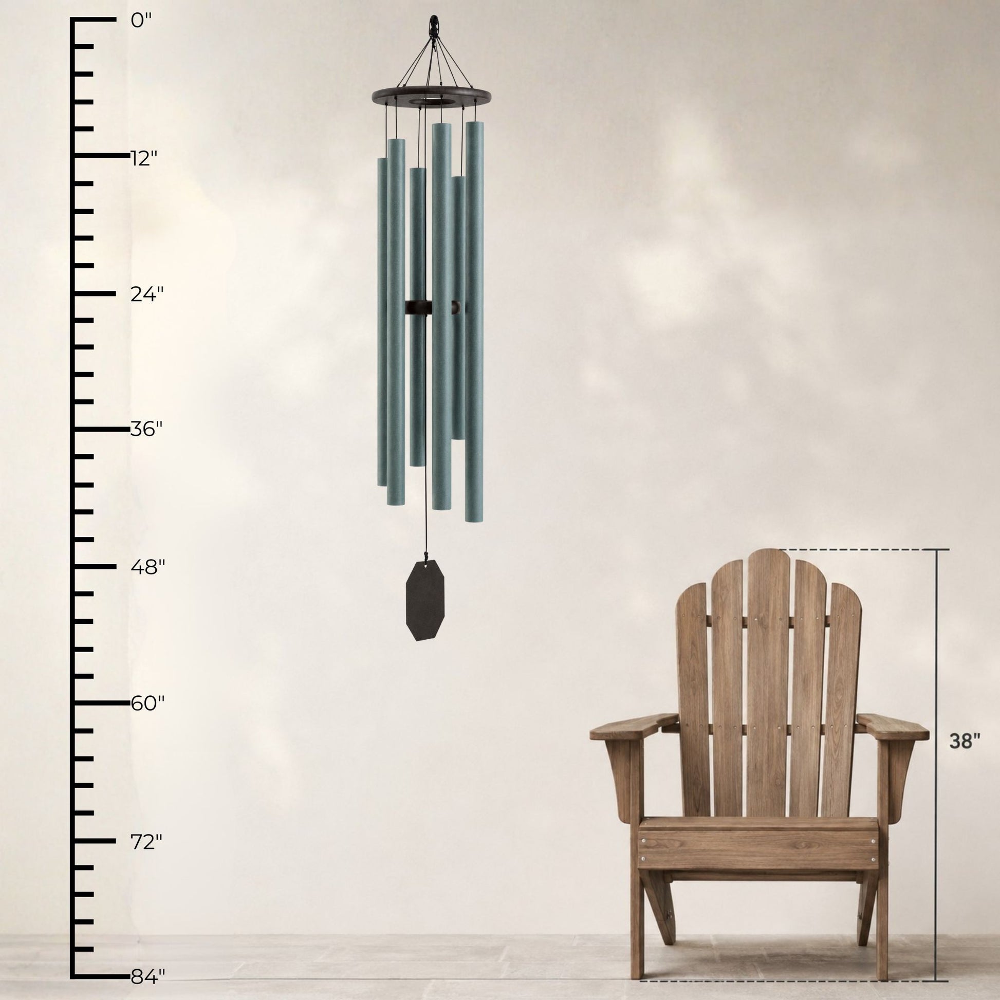 Lambright Country Chimes Summer Songfest 54-inch Amish handcrafted wind chime shown with height ruler and Adirondack chair for scale #54" - Summer Songfest