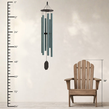 Lambright Country Chimes Summer Songfest 54-inch Amish handcrafted wind chime shown with height ruler and Adirondack chair for scale #54" - Summer Songfest