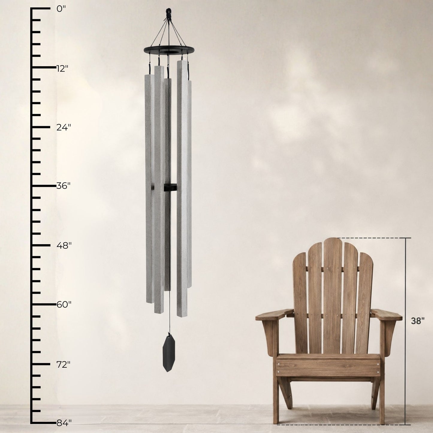 Lambright Country Chimes Sunsetter 73-inch Amish handcrafted wind chime shown with height ruler and Adirondack chair for scale #73" - Sunsetter