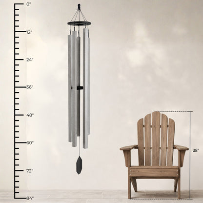 Lambright Country Chimes Sunsetter 73-inch Amish handcrafted wind chime shown with height ruler and Adirondack chair for scale #73" - Sunsetter