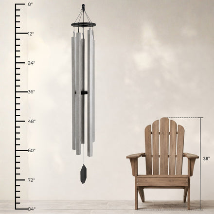 Lambright Country Chimes Sunsetter 73-inch Amish handcrafted wind chime shown with height ruler and Adirondack chair for scale #73" - Sunsetter
