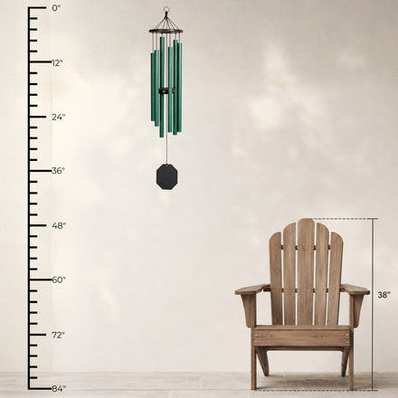 Lambright Country Chimes Tranquil Rain 41-inch Amish handcrafted wind chime shown with height ruler and Adirondack chair for scale #41" - Tranquil Rain