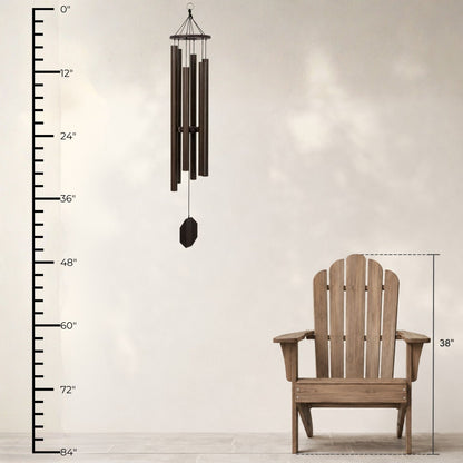Lambright Country Chimes Victory Bells of Jericho 44-inch Amish handcrafted wind chime shown with height ruler and Adirondack chair for scale #44" - Victory Bells of Jericho