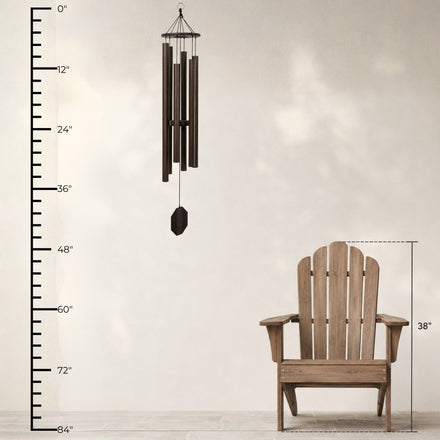 Lambright Country Chimes Victory Bells of Jericho 44-inch Amish handcrafted wind chime shown with height ruler and Adirondack chair for scale #44" - Victory Bells of Jericho