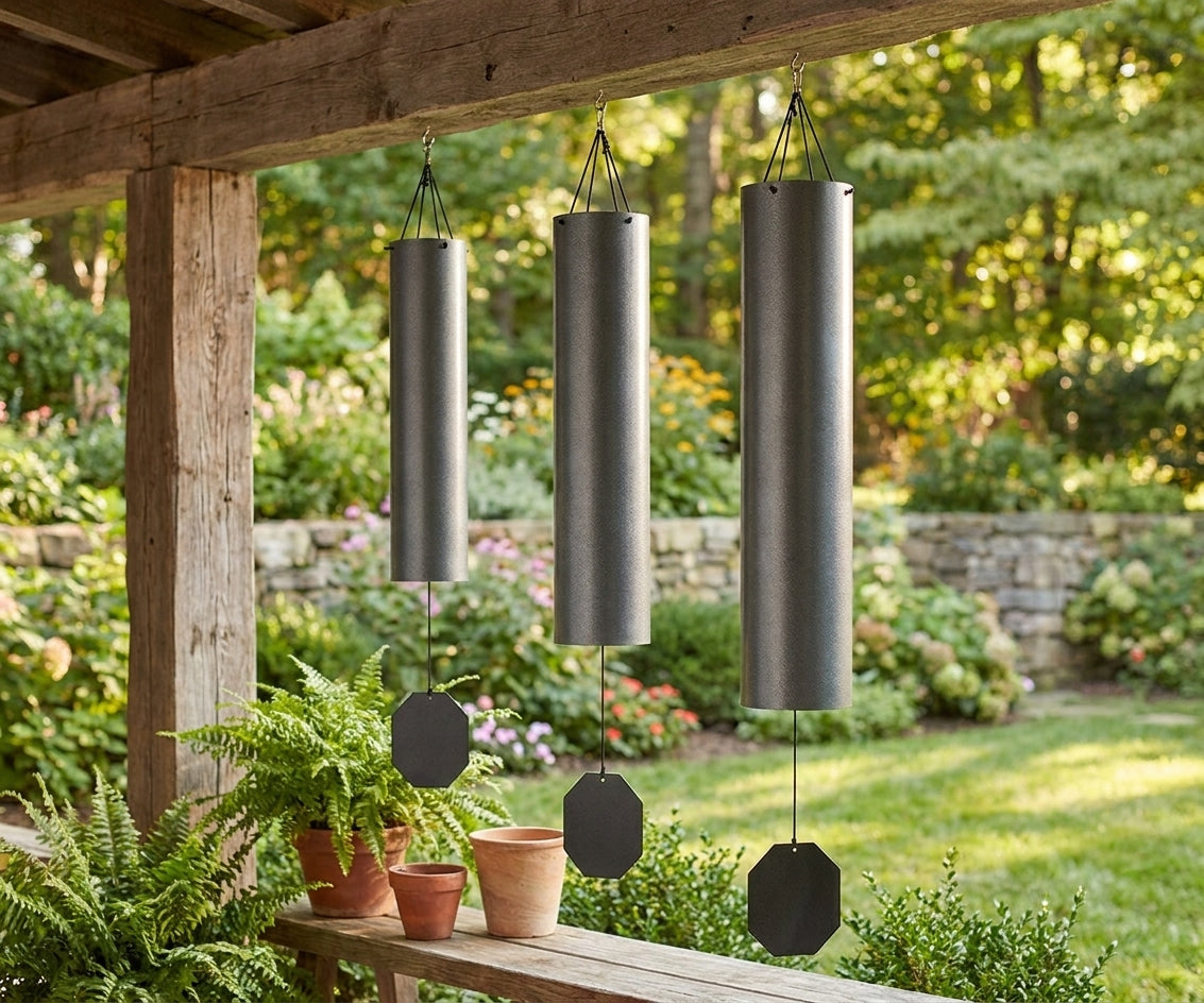Lambright Country Chimes Bell Collection featuring the Prescott Ballad, Southern Belle, and Sarasota Sun Amish handcrafted wind bells hanging from a rustic porch beam in a garden setting