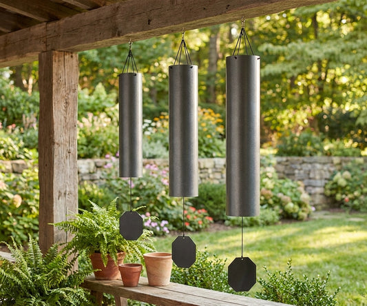 Lambright Country Chimes Bell Collection featuring the Prescott Ballad, Southern Belle, and Sarasota Sun Amish handcrafted wind bells hanging from a rustic porch beam in a garden setting